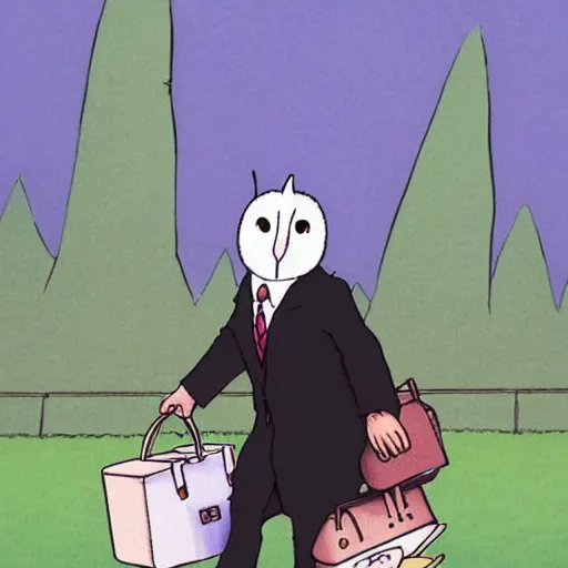 Image similar to barn owl in a black suit wearing an office bag going to the office,drawn by Hayao Miyazaki and Beatrix Potter, highly detailed,anime, anime shot,anime colours, inspired by my neighbor totoro 1988