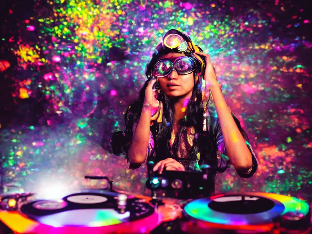 Image similar to an indian woman wearing goggles and visor and headphones using a retro record player contraption, microphone, speakers, turntablism dj scratching, screens, smoky atmosphere, intricate planetary gears, cinematic, imax, sharp focus, leds, bokeh, iridescent, black light, fog machine, hazy, lasers, hologram, hyper color digital art