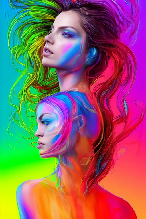 Image similar to a award winning half body portrait of a beautiful woman with stunning eyes in a croptop and cargo pants with rainbow colored ombre hairstyle head in motion and hair flying by thomas danthony, surrounded by whirling illuminated liquids and lines, outrun, vaporware, shaded flat illustration, digital art, trending on artstation, highly detailed, fine detail, intricate