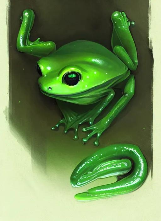 Image similar to portrait of my ethereal waifu cute innocent green slimy alien female froggy lady,, with adorable uwu eyes painted by greg rutkowski, wlop, 7 0 s scifi