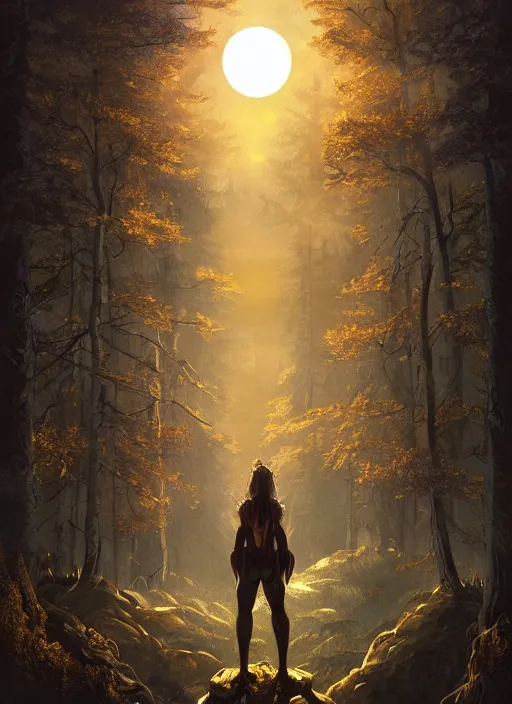 Image similar to fantasy book cover, full moon, fantasy forest landscape, golden vector elements, fantasy magic, dark light night, intricate, elegant, sharp focus, illustration, highly detailed, digital painting, concept art, matte, art by WLOP and Artgerm and Albert Bierstadt, masterpiece