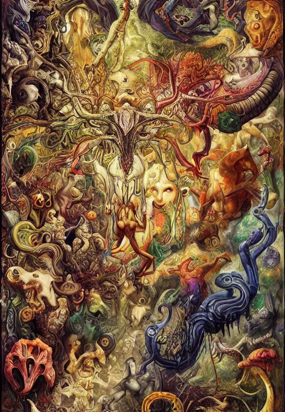 Image similar to simplicity, colorful muscular eldritch animals and bodies radiating outward, mandala, white bones, colorful gems, by h. r. giger and esao andrews and maria sibylla merian eugene delacroix, gustave dore, thomas moran, pop art, chiaroscuro, biopunk, art nouveau