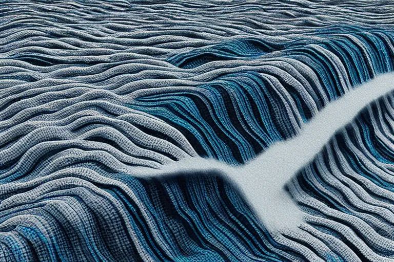 Image similar to awesome huge wave made of thousands of crocheted sculptures, octane render, 3 d, epic lighting, cinematic composition, hyperrealistic, 8 k,