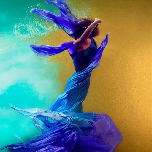 Image similar to masterpiece artwork of beautiful geni morrow woman dancing underwater wearing a flowing dress made of blue, magenta, and yellow seaweed, delicate coral sea bottom, swirling silver fish, swirling smoke shapes, octane render, caustics lighting from above, cinematic, hyperdetailed