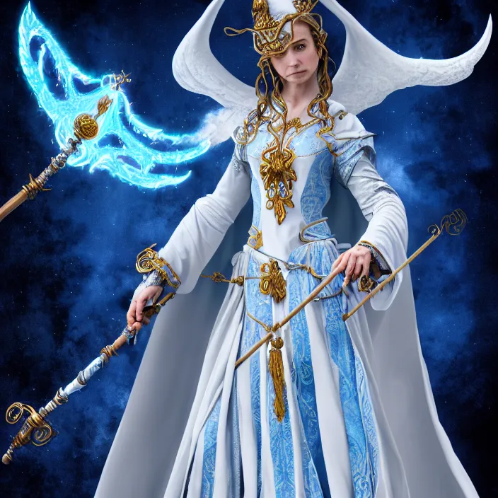 Image similar to photograph of a real-life beautiful sky witch with ornate white and blue robes and staff. Extremely detailed. 8k