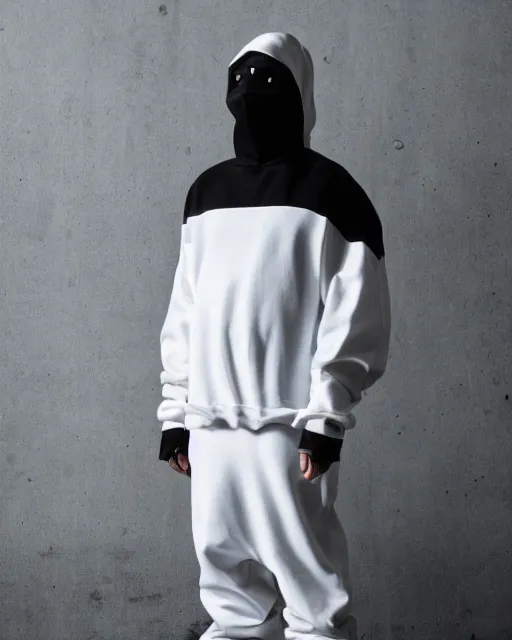 Image similar to Yeezy designed covid mask, model, studio photography, clothing drop, unreleased, Yzy, YZY GAP, Balenciaga, minimalist, dystopian feel