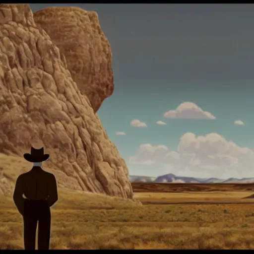 Image similar to screengrab of cowboy on the range, beautiful New Mexico landscape, Art Deco, pulp noir, dark deco, animated series, by Eric Radomski