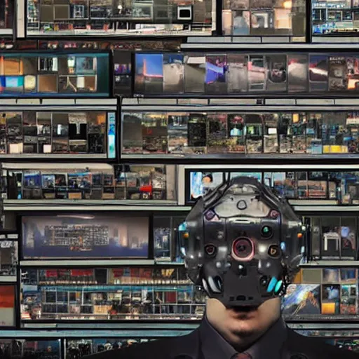 Image similar to tvs wall, multiples thousand of tv displaying surveillance footage of different universe, watch by the biggest ai robot built, in form of a robot humanoid head, by greg rutkowski