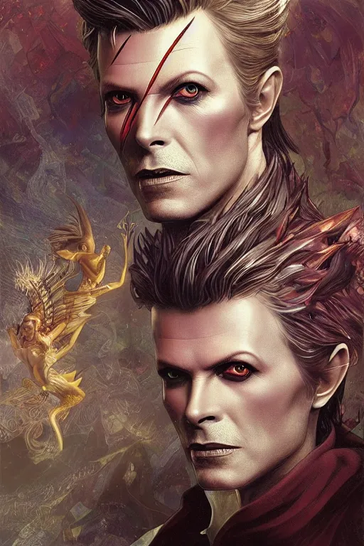 Image similar to ultra realistic illustration, fairy king david bowie from diablo and baldurs gate, intricate, elegant, highly detailed, digital painting, artstation, concept art, smooth, sharp focus, illustration, art by artgerm and greg rutkowski and alphonse mucha