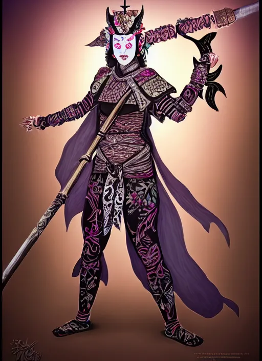 Prompt: full body portrait, female changeling dancer in floral - patterned light armor, wielding a long halberd, wearing a noh theatre mask, barefoot in sandals, capricious, energetic, provocative, realistic proportions, reasonable fantasy, in the style of dnd illustrations, tabletop rpg.