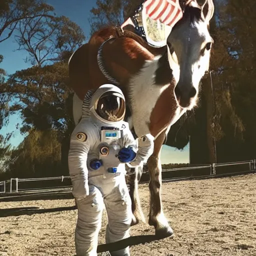 Prompt: photo of astronaut standing on all fours with a cute dappled horse which is sitting on his back in saddle