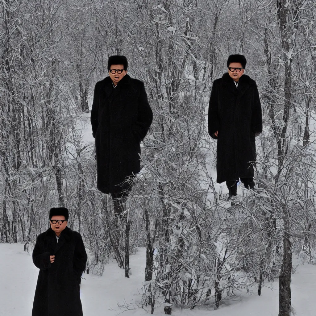 Image similar to filmstill of Kim Jong-il wearing a furry chapka and playing the role of Omar Sharif in Doctor Zhivago by David Lean, man in furry coat, cold Russian landscape, snow and trees, minimal composition, 1965, cinemascope, Eastman Color Negative 50T 5251 Neg. Film, epic romance