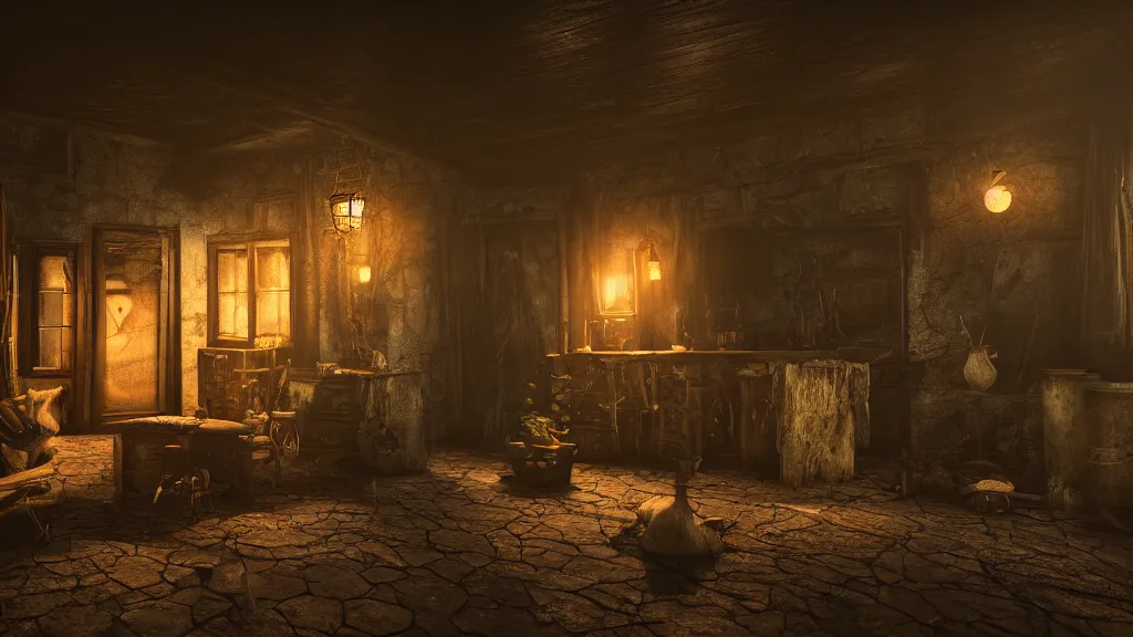 Image similar to A witch in the shadows of a dark decrepit cottage at night, highly detailed interior, hyperrealistic, Lumion render, 8k UHD