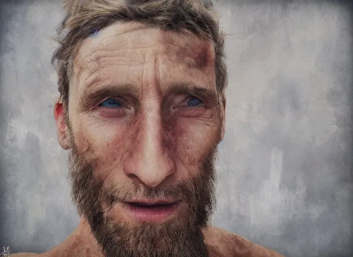 Image similar to last human selfie on earth : : photorealistic