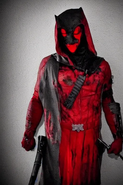 Image similar to red hood cosplay, creepy, disturbing, bloody, darkness, grainy