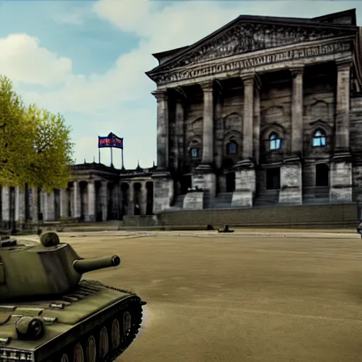 Prompt: berlin reichstag in pc game hell let loose, ww 2, 1 9 4 5, american soldiers, nazis, nazi germany, tanks, devastated city, ruins, screenshot, unreal engine, gameplay, in - game