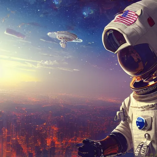 Prompt: An astronaut watching the city from a mountain, digital art, trending on artstation, HDR, By Thomas Kinkade and Albert Bierstadt, cyberpunk