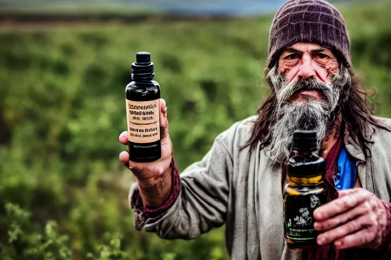 Image similar to dirty hobo holding a bottle of hawthorn tincture in his hands, professional shooting, model shooting, high quality, professional light,