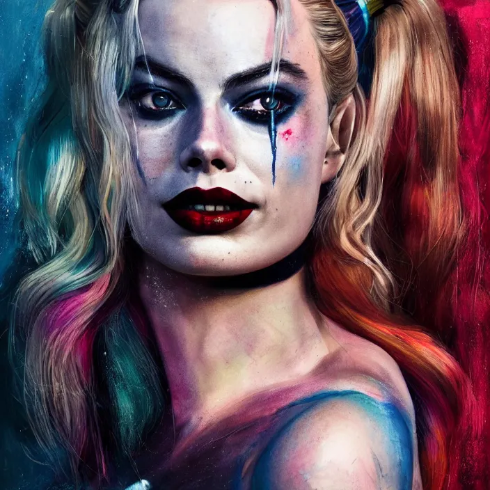 Prompt: portrait of Margot Robbie as a harley quinn. intricate abstract. intricate artwork. nightmare fuel. by Tooth Wu, wlop, beeple, dan mumford. octane render, trending on artstation, greg rutkowski very coherent symmetrical artwork. cinematic, hyper realism, high detail, octane render, 8k, iridescent accents