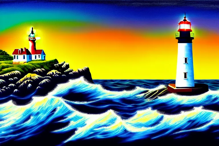 Image similar to a painting of a lighthouse built on seashore rocky cliff with waves crashing into the rocks and sea birds flying on a starry night, in the style of benoit b. mandelbrot, digital art