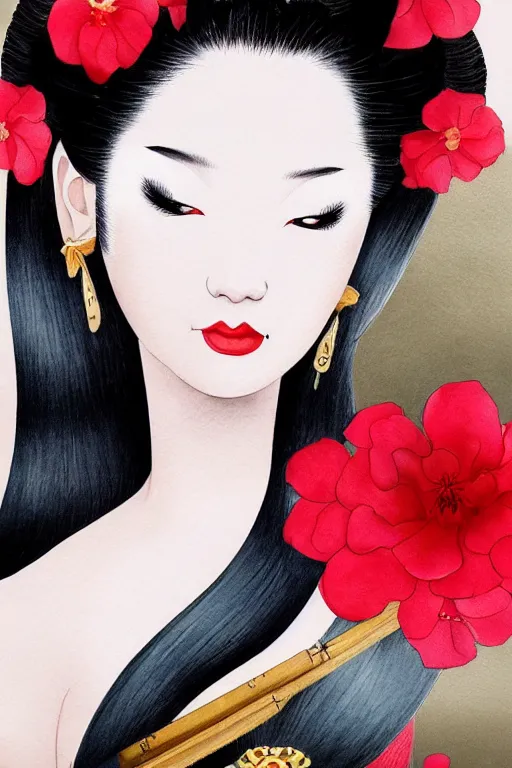 Image similar to sensual and very seductive geisha, digital art, 8k, character, realistic, portrait, photorealism, japan watercolour, masterpiece art