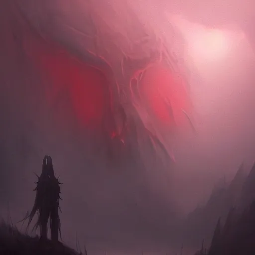 Image similar to Landscape Painting of a mysterious gigantic creature standing in thick red fog, glowing yellow eyes staring through the mist, blood dripping, horror, creepy, unsettling, artstation, cgsociety, masterpiece,