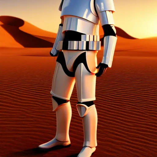 Image similar to innovative avant-garde art, deco fashion, stormtrooper, highly detailed, photorealistic portrait, serene desert setting, golden hour, crisp quality and light reflections, unreal engine 5 quality render