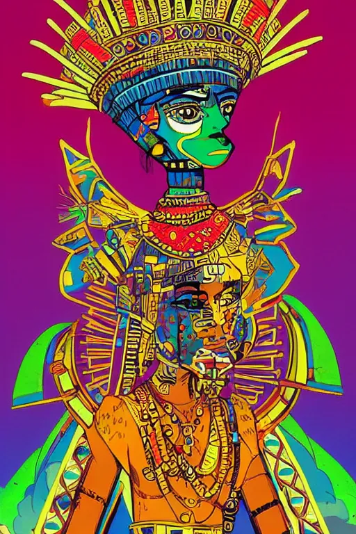 Prompt: beautiful aztec queen by jamie hewlett, jamie hewlett art, full body character concept art, vaporwave colors,