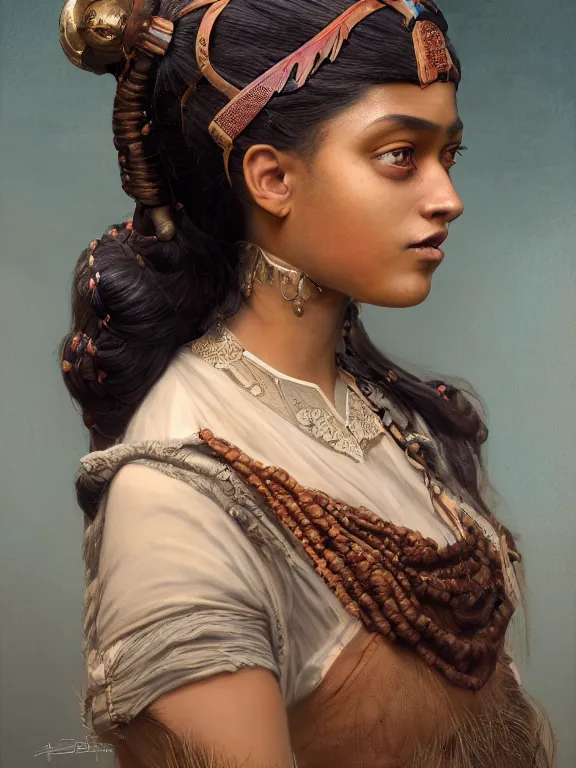 Image similar to beautiful portrait of a minority female wearing fantastic costume,pigtail,intricate, elegant, highly detailed, dim volumetric lighting, 8k,octane,post-processing,digital painting, trending on artstation, concept art, smooth, sharp focus, illustration,by Tom Bagshaw and Daniel Gerhartz and Albert Aublet and Lawrence Alma-Tadema and alphonse mucha