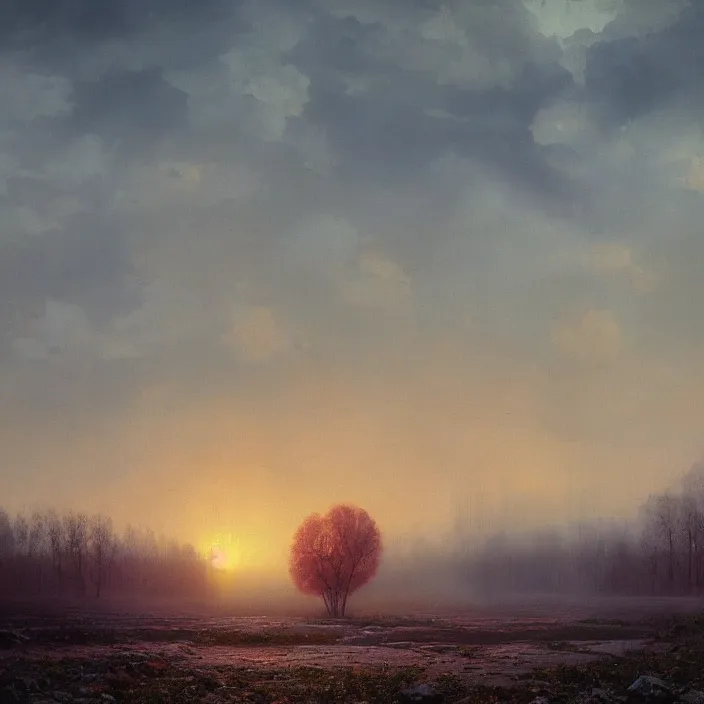 Prompt: a beautiful painting of chernobyl sunset by ivan aivazovsky and zdzisław beksinski and rene magritte and greg rutkowski and james gurney, in style of digital art. hyper detailed, sharp focus, soft light. octane render. maya. ray tracing. trending on artstation