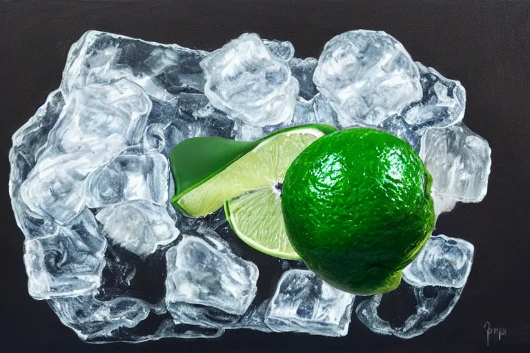 Image similar to oil painting portrait of an ice cube starting to melt in the forefront surrounded by a lime wedge, an empty bottle of tequila and ( fallen salt shaker ). black background