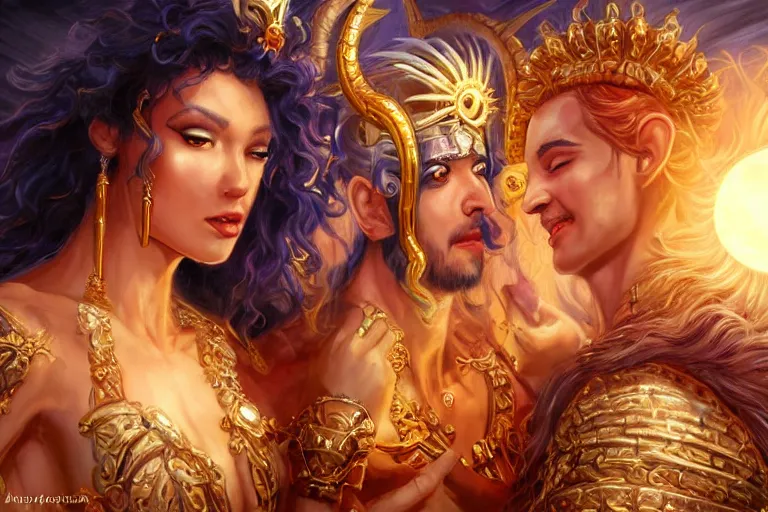 Image similar to close up moment of a divine a sun god and a moon goddess lovers magician at a wedding banquet, highly detailed, d & d, fantasy, highly detailed, digital painting, trending on artstation, concept art, sharp focus, illustration, art by artgerm and daniel gerhartz and magali villeneuve