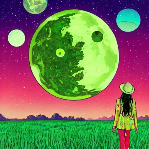 Prompt: a green grassy farm on the moon with earth seen in the distance by martine johanna and jeremiah ketner, macabre