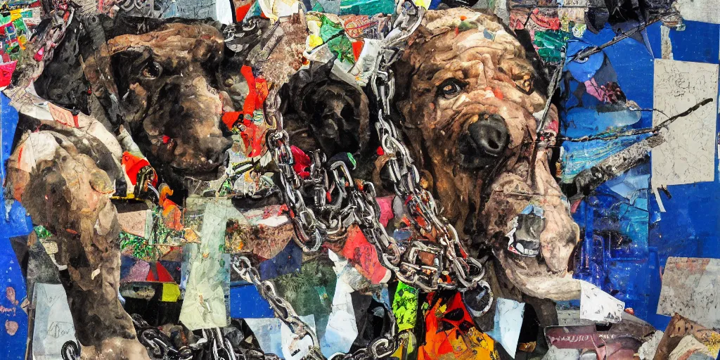 Prompt: mad dog on a chain, trash bags, collage, acrylic on canvas, expressionism movement, breathtaking detailed, by blake neubert