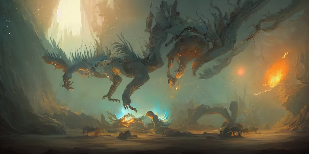 Image similar to by oga kazuo & peter mohrbacher & james jean & john howe & victo ngai, in the magical forest fantasy, an epic scene from a movie ghibli, giant white dragon alligator, fire, sauron, rays of light