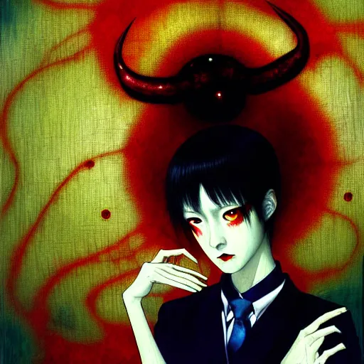 Prompt: yoshitaka amano blurred and dreamy realistic three quarter angle horror portrait of a sinister young woman with short hair, horns and red eyes wearing office suit with tie, junji ito abstract patterns in the background, satoshi kon anime, noisy film grain effect, highly detailed, renaissance oil painting, weird portrait angle, blurred lost edges