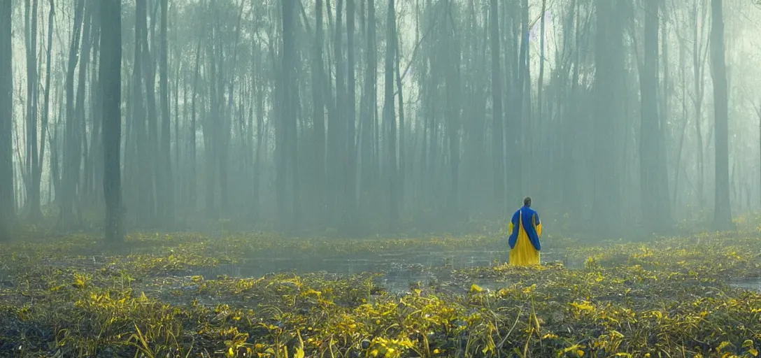 Image similar to an angel in blue and yellow robes in a swamp, sunny weather, foggy, cinematic shot, photo still from movie by denis villeneuve