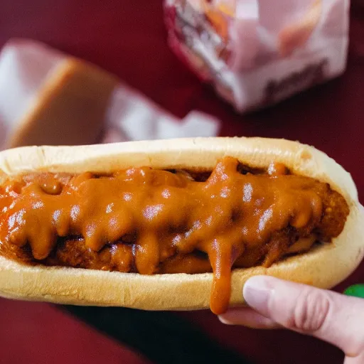 Image similar to photo of a white dog eating a chili dog with cheese, 50mm, beautiful photo