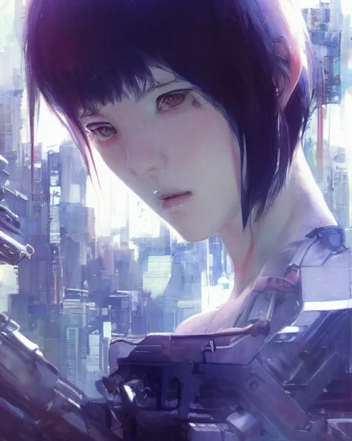 Image similar to still from ghost in the shell if made by krenz cushart and wenjun lin, portrait, illustration, rim light, top light, summer clear blue sky, perfectly shaded, soft painting, epic, intricate, art