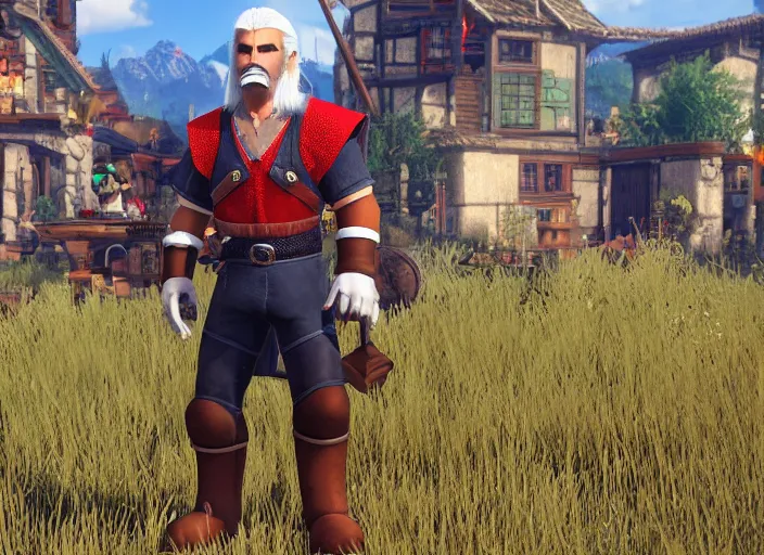 Prompt: super mario as geralt from witcher 3, rayracing, rtx, ultra detailed, in the witcher game, white hair, mustache, mario hat, overalls, red shirt