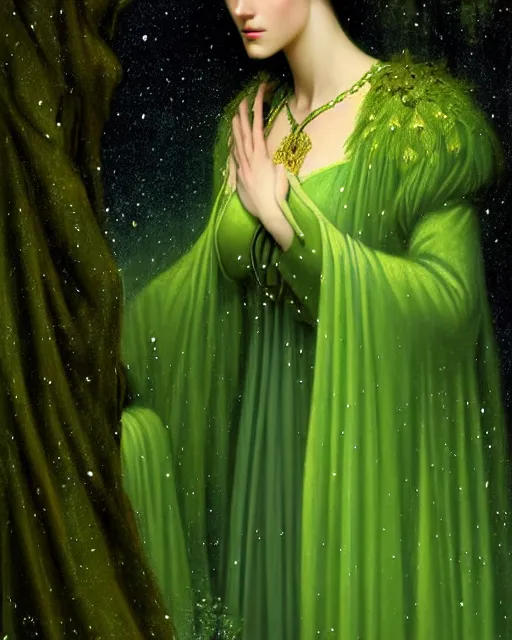 Image similar to nocturne, glowing, stars, a portrait of a beautiful medieval princess, tall and thin, highly detailed, mysterious, ethereal, dressed in green velvet and gold jewelry, haute couture, dark forest, illustration, dramatic lighting, soft details, painting, by edmund blair leighton, brom, charlie bowater, faces by otto schmidt