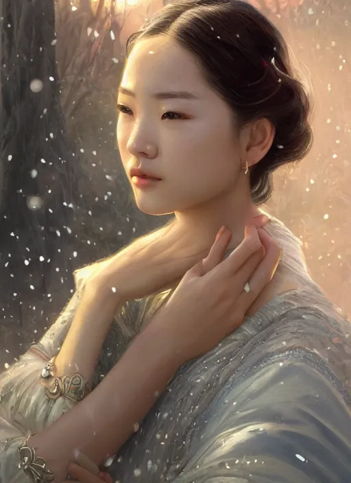 Prompt: a beautiful young charming asian goddess with sundress & jewelry & shinny eyes & winter, symmetric, realistic shaded, unpleasant face, good looking, fine details, dior, lv, realistic shaded lighting poster by greg rutkowski, macoto takahashi, magali villeneuve, artgerm, jeremy lipkin and michael garmash