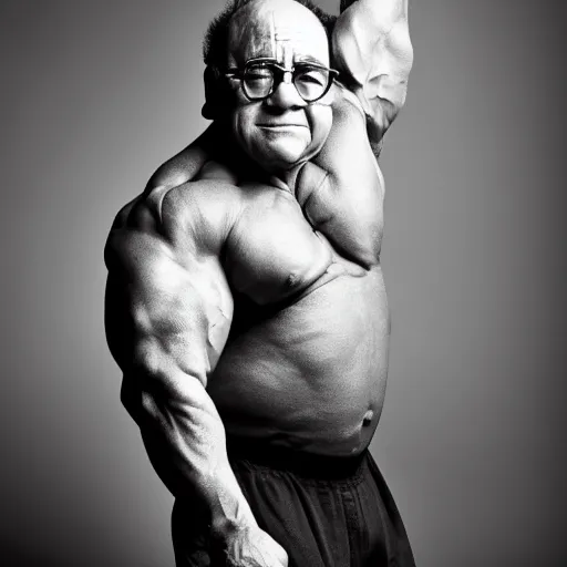 Image similar to a photoshoot of an extremely buff danny devito flexing his muscles, dramatic, studio lighting, black and white