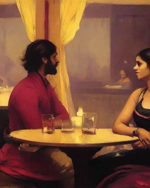 Image similar to a guy and girl on a date in a restaurant, saree, desi, art by greg rutkowski, gustave courbet, rosa bonheur, edward hopper. faithfully depicted facial expression, perfect anatomy, sharp focus, global illumination, radiant light, detailed and intricate environment, trending on artstation