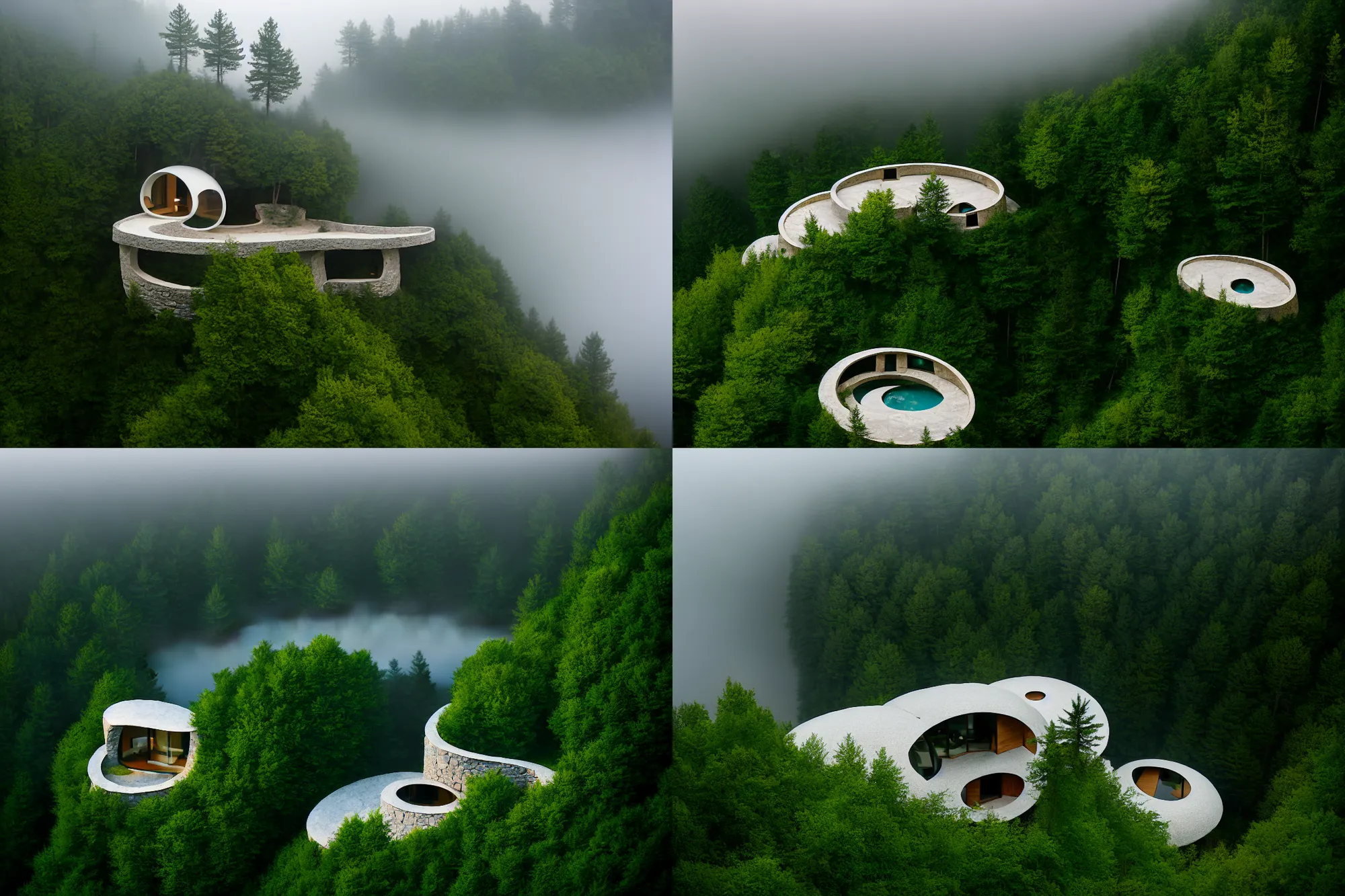 Prompt: Ellipse-shaped house with round windows, built on a large cliff near a coniferous forest. A thin stone bridge goes over the cliff. View from afar, fog, 8k, 16k, architecture photo, high details