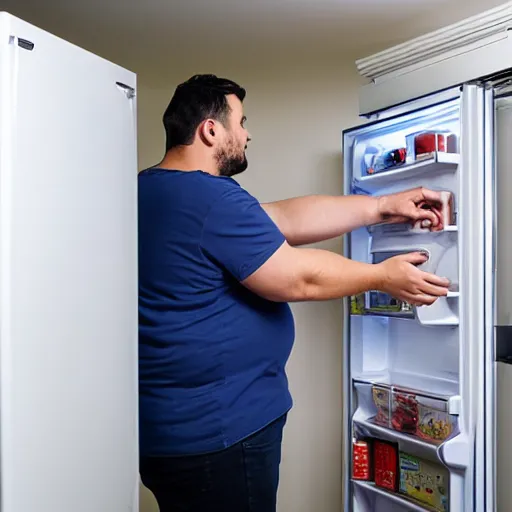 Image similar to obese landlords inspecting tenant refrigerator at night, surveillance camera