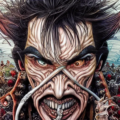 Prompt: portrait closeup of crazy captain hook, galleons, symmetrical, hyper detailed, by yoichi hatakenaka, masamune shirow, josan gonzales and dan mumford, ayami kojima, takato yamamoto, barclay shaw, karol bak, yukito kishiro