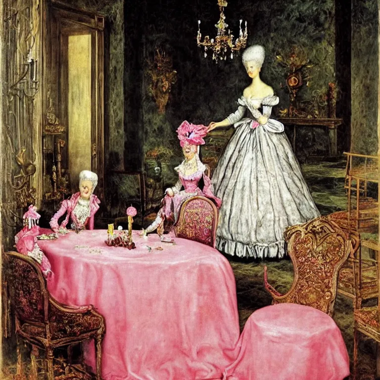 Image similar to Marie Antoinette cutting a pink cake. By El Greco, Remedios Varo, Salvador Dali, Carl Gustav Carus, John Atkinson Grimshaw.