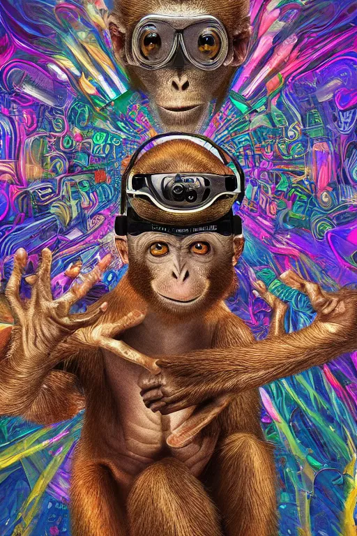 Image similar to a high hyper detailed painting with many intricate textures of a cave monkey wearing virtual reality goggles in a spiritual psychedelic cosmos