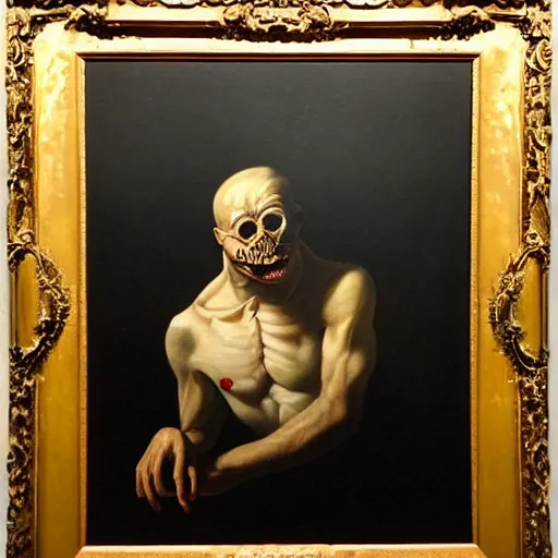 Image similar to refined gorgeous blended oil painting with black background by christian rex van minnen rachel ruysch dali todd schorr of a chiaroscuro portrait of an extremely bizarre disturbing mutated man with shiny skin acne dutch golden age vanitas intense chiaroscuro cast shadows obscuring features dramatic lighting perfect composition masterpiece